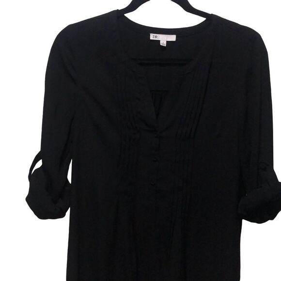DR2 Daniel Rainn Roll Tab Pleated Tunic V-Neck Blouse Black Size Small - Picture 9 of 14